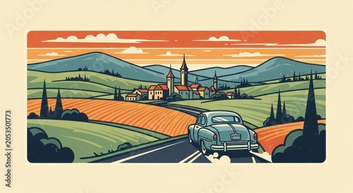 Vintage Green Car Driving Through Tuscan Hills at Sunset.