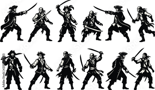 Photos Pirate characters set holding cutlass swords fighting and posing in dynamic posi