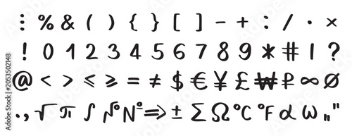 Scribble black special math symbols, numbers and signs. Symbols are handwritten characters from the keyboard
