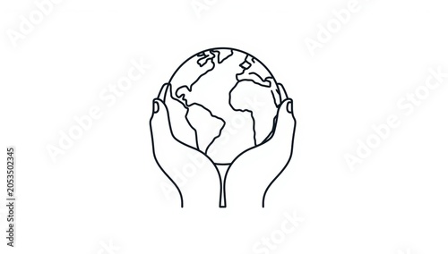 Two human hands holding a globe of the earth in a simple black and white line art vector illustration style