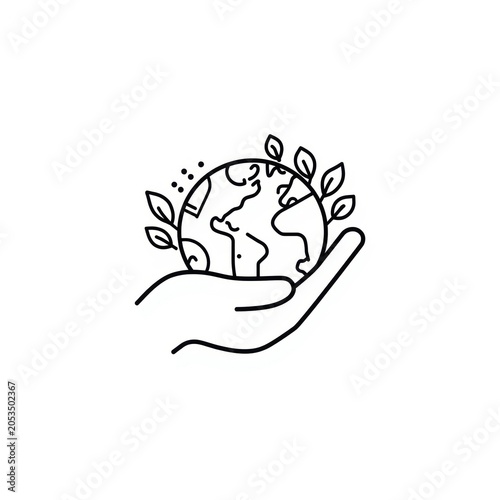 A simple line drawing of a human hand holding a small planet earth globe with green leaves growing from it