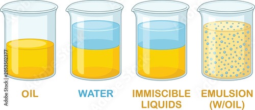 Obraz na plátně Chemistry experiment with oil water immiscible liquids and emulsion in glass bea