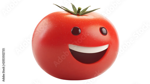 Cute smiling tomato character with happy face expression, fresh vegetable mascot illustration, playful food concept on white background