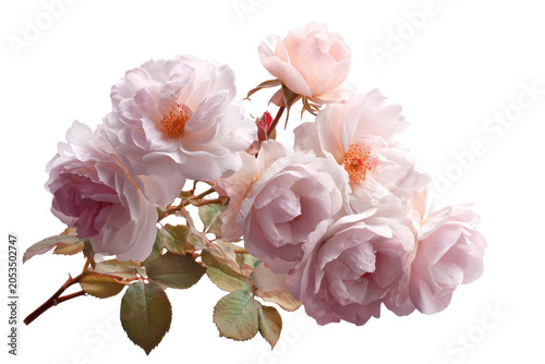 Delicate blossoms of serenity: a bouquet of soft pink roses isolated on transparent background. Bouquet of blooming pink roses with buds and leaves isolated on white background.