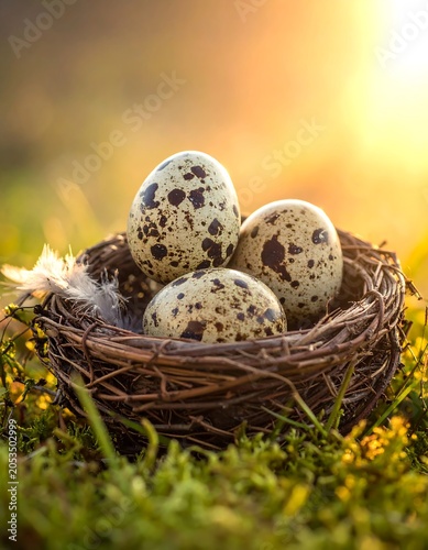 Three speckled eggs nestled in a woven bird nest outdoors in warm sunlight