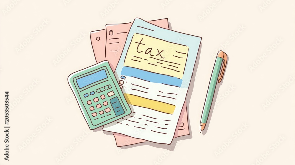 Obraz premium Illustrated documents, calculator, and pen suggest tax preparation