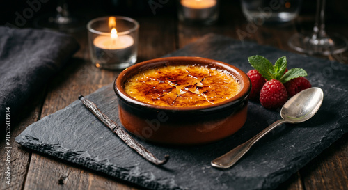 Tableau sur toile Creme brulee ramekin candle vanilla raspberries food photography