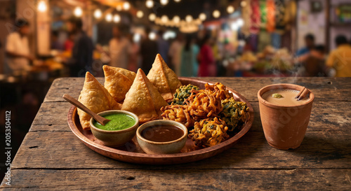 Fotografie Indian street samosas chai market food photography