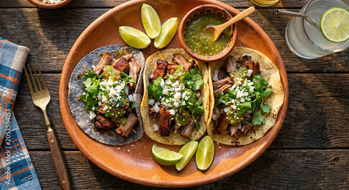 Konstfotografi Mexican tacos terracotta plate limes salsa food photography
