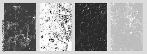 Set of four grayscale cracked and distressed textures, including weathered paint, grainy speckles, branching fissures, and cloudy worn surfaces, abstract designs