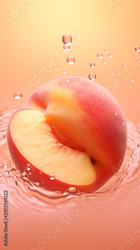 Peach in spray of water. Juicy peach with splash