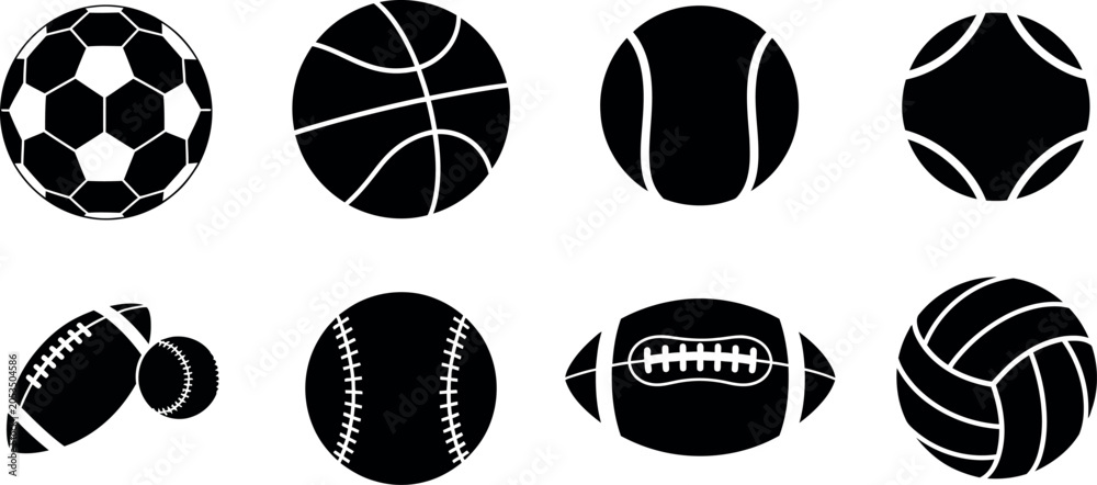 Obraz premium Minimalist black and white vector illustration of various sports balls including soccer, basketball, and football.