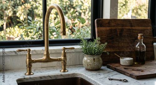 Quadro su tela Kitchen marble brass faucet herbs board interior design