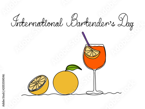 International Bartender's Day. Greeting card. Abstract cocktail glass with a straw and an orange, continuous single one line art hand drawing sketch logo on white background
