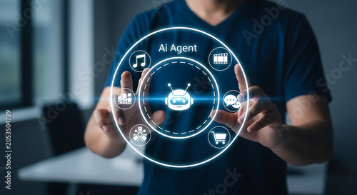 Person interacting with glowing circular artificial intelligence robotic assistant interface hologram floating in air assistant artificial hologram