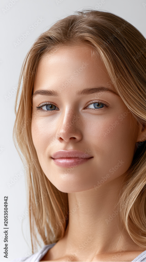 Naklejka premium Young woman portrait blonde blue eye freckle face, soft studio light, natural makeup, calm expression, clean background, closeup