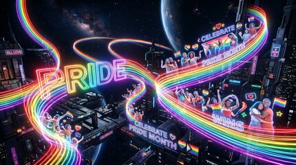 LGBTQ Pride, colorful cityscape, rainbow lights, night scene, celebration