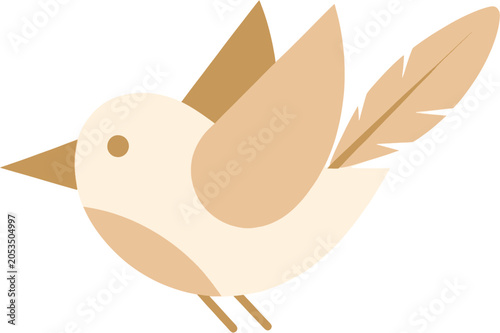 A simple, graphic illustration of a stylized bird in flight, depicted with a light beige body, darker beige wings, beak, and a single tail feather, against a white background.