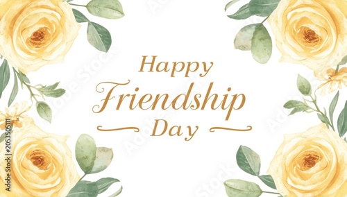 Happy Friendship Day greeting card design with beautiful soft yellow roses and decorative green leaves floral border
