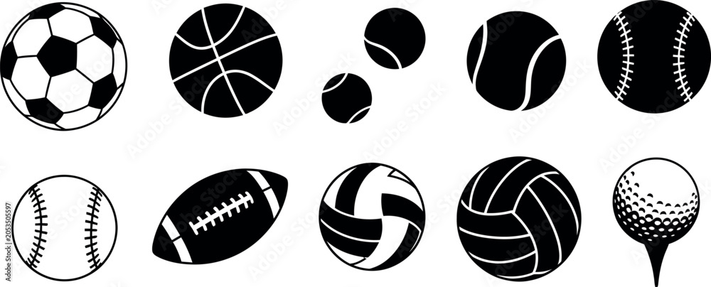 Fototapeta premium Minimalist black and white line art icons depicting various sports equipment in a flat vector style.