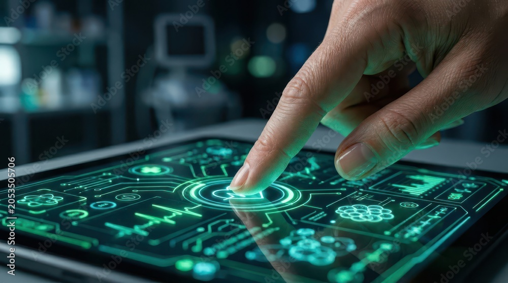 Obraz premium Futuristic Touchscreen Interface with Digital Circuit Design Being Selected by Finger