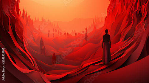 Abstract people silhoutte digital painting canvas artwork red colors