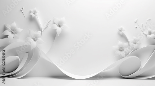 3d render, digital illustration, white paper flowers background, wedding decoration, bridal lace, greeting card template, blank floral wall decor