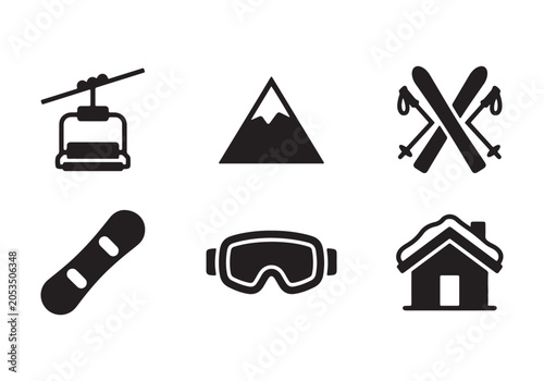Ski resort and mountain winter vacation activity vector icon set