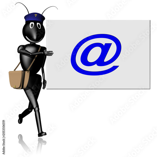Formica cartoon con cappello da postino che mostra un cartello con simbolo “@”. Ideale per temi comunicazione digitale, email, messaggistica e contenuti educativi o promozionali.