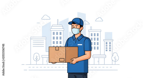 A delivery man wearing a face mask and blue uniform holding a package in a city.
