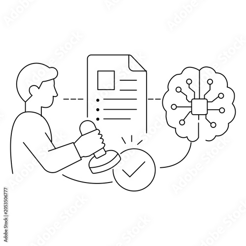 “Vector Illustration of Human Approving Document with AI Verification, Secure Digital Workflow, Blockchain Connection, and Data Analytics Icon”