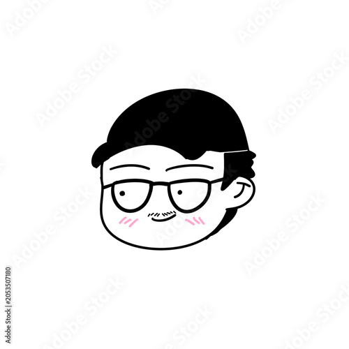 Cute cartoon man face with glasses smiling expression hand drawn doodle style as isolated object