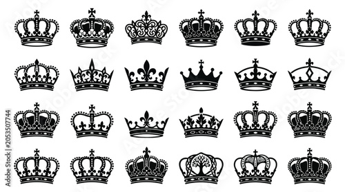 Canvas Print Vintage royal crown icons set, 24 black heraldic tiara silhouettes, ornate king