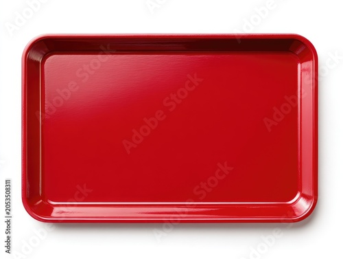 A vibrant, rectangular, red tray with rounded corners rests on a white background, its surface glossy. A slight shadow adds depth