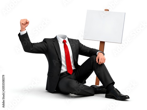 Businessman sitting beside blank protest sign with victory gesture 