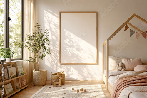 Vertical frame mockup for children's bedroom wall art in bright airy Scandinavian kids room with golden morning sunlight and copy space

