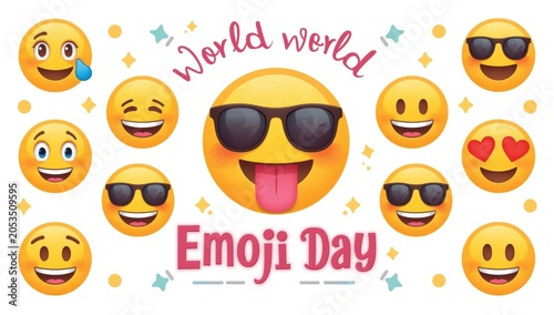 Set of funny yellow emoji faces with sunglasses and expressions for world emoji day celebration design