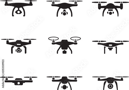 Fotografía Drone Quadcopter with Camera set collection pack black icon silhouette vector fl