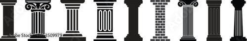 vector pillar background design art set, Medieval Symbol, Pillar icon in filled flat logo template, black logo element, law justice logo, building construction architecture logo, Trendy style vector.