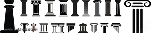vector pillar background design art set, Medieval Symbol, Pillar icon in filled flat logo template, black logo element, law justice logo, building construction architecture logo, Trendy style vector.
