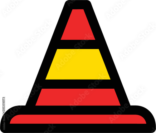 A simple, graphic illustration of a red and yellow traffic cone.