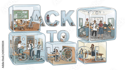 Foto Back to School Inside Cubes: A creative illustration depicting various school activities and scenes contained within transparent cubes, forming the words BACK TO SCHOOL
