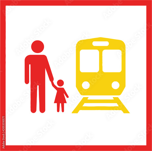 A red stick figure of an adult and child standing next to a yellow train icon, set against a white background with a red border.