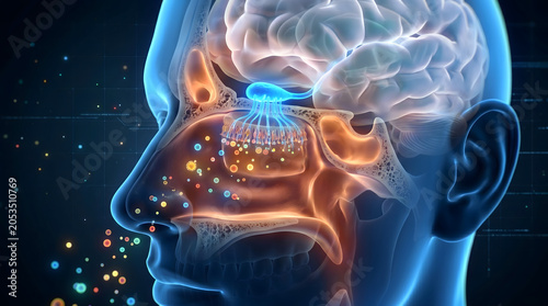 3D medical illustration of the human olfactory system showing the nasal cavity, olfactory bulb, and brain processing scent particles through receptors.