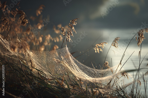 Golden light shines on a dew-covered spiderweb woven between reeds by the water's edge, creating a serene and intricate natural scene at dawn or dusk.