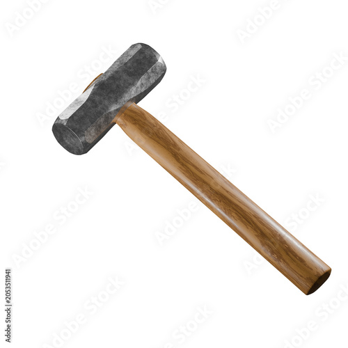 3D render of a heavy metal sledge hammer with a polished wooden handle isolated on a clean white background with subtle studio lighting.