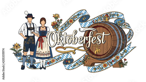 Foto Oktoberfest Celebration: An illustration depicting a Bavarian couple in traditional attire standing beside a wooden beer barrel, adorned with a ribbon banner proclaiming Oktoberfest