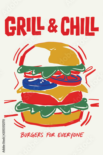 Quadro em tela Burger Illustration with Vibrant Hand Drawn Style for Summer Casual Dining