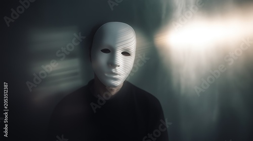 Person wearing white expressionless mask, face covered by shadow stripes, reflecting concepts of identity, anonymity, and drama