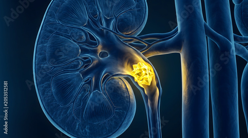 Anatomical 3D medical illustration of a human kidney cross-section showing a glowing yellow stone lodged in the ureter causing urinary obstruction.